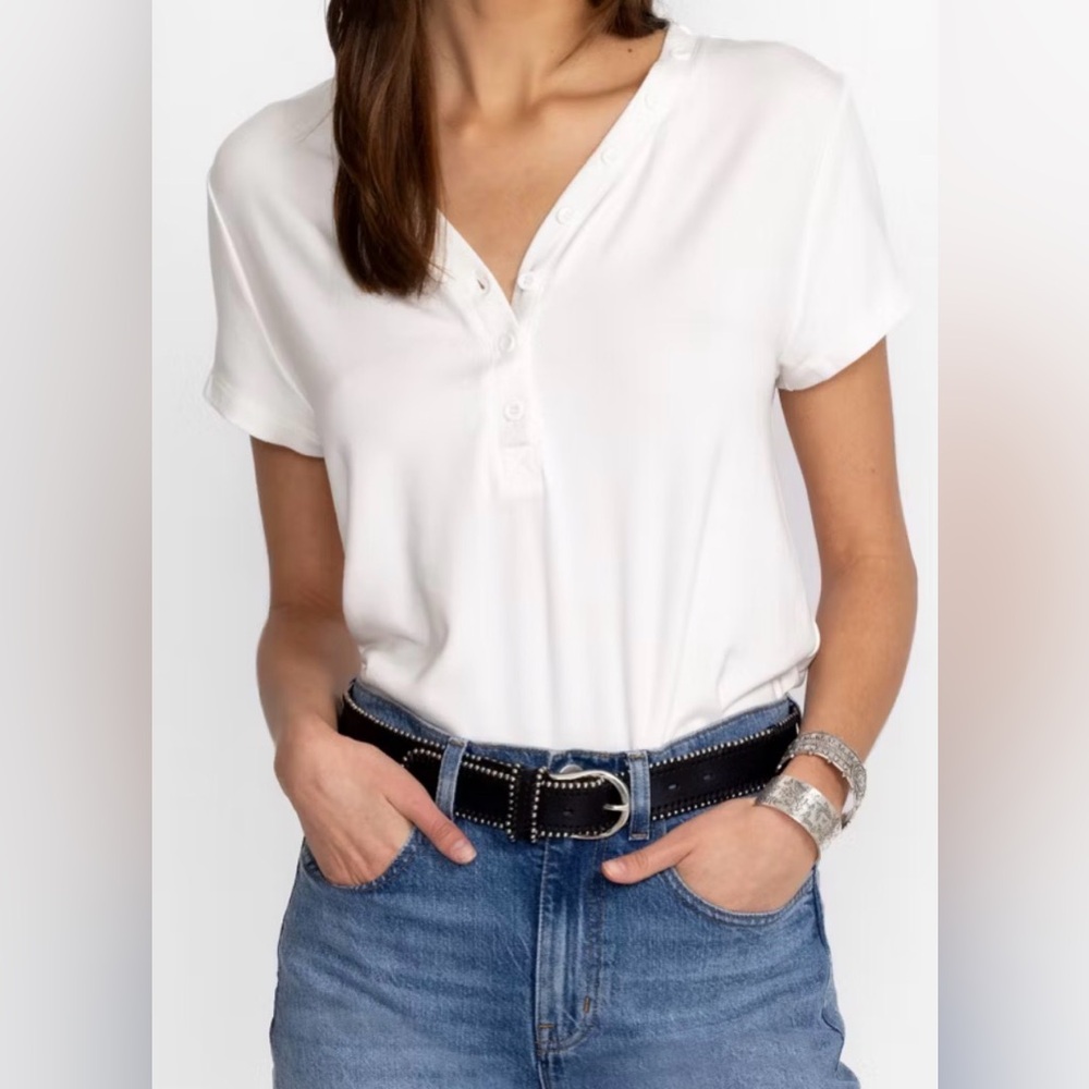 NWT Calme by Johnny Was Modal Jersey Button Neck White Tee in Sz XL